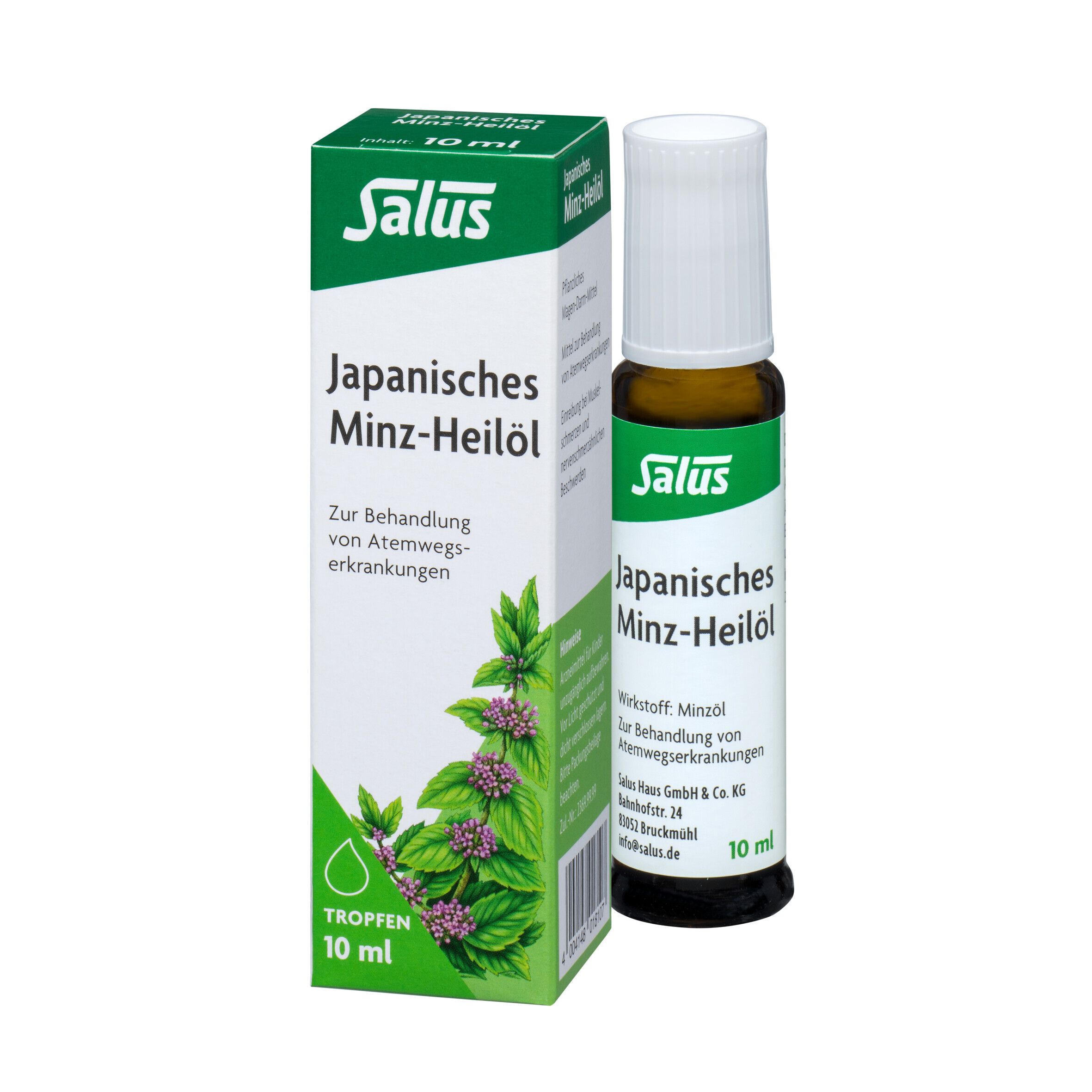 Salus® Japanisches Minz-Heilöl. Flasche und Verpackung. 10 ml. Grün-weiße Verpackung, braune Flasche mit weißem Deckel.
