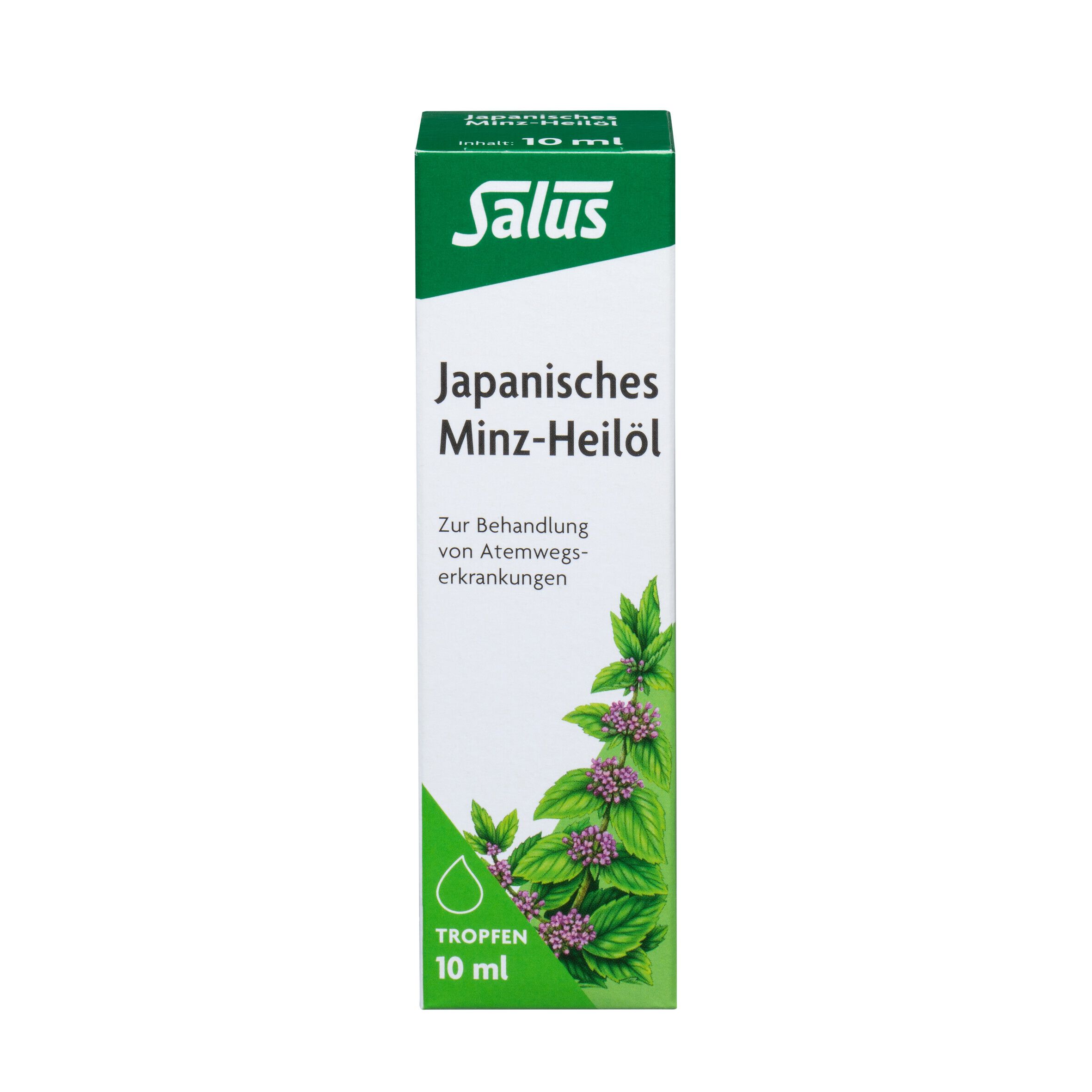 Salus® Japanisches Minz-Heilöl. Verpackung. 10 ml. Grün-weiße Verpackung mit Produktnamen und Abbildung von Minze.