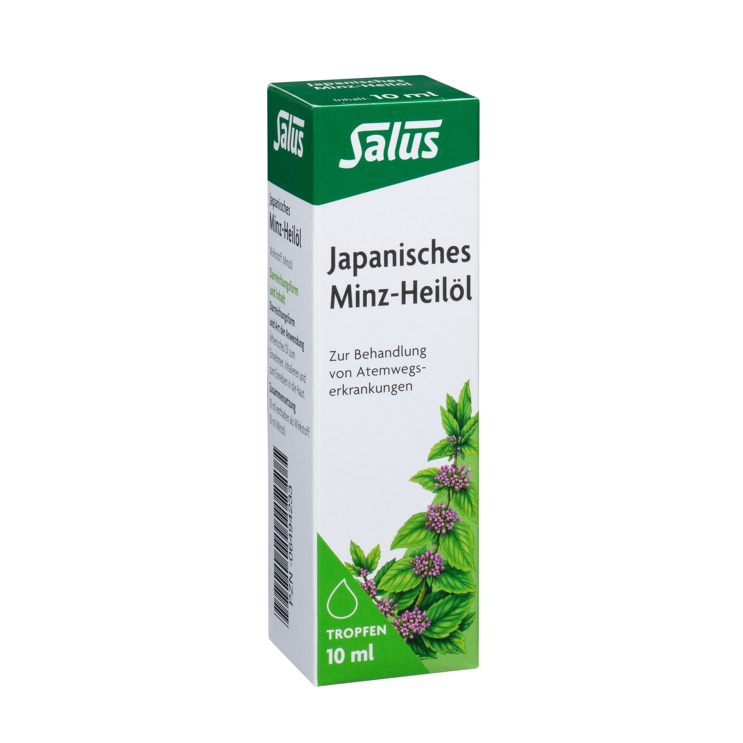 Salus® Japanisches Minz-Heilöl. Verpackung. 10 ml. Grün-weiße Verpackung mit Produktnamen und Minze-Illustration.