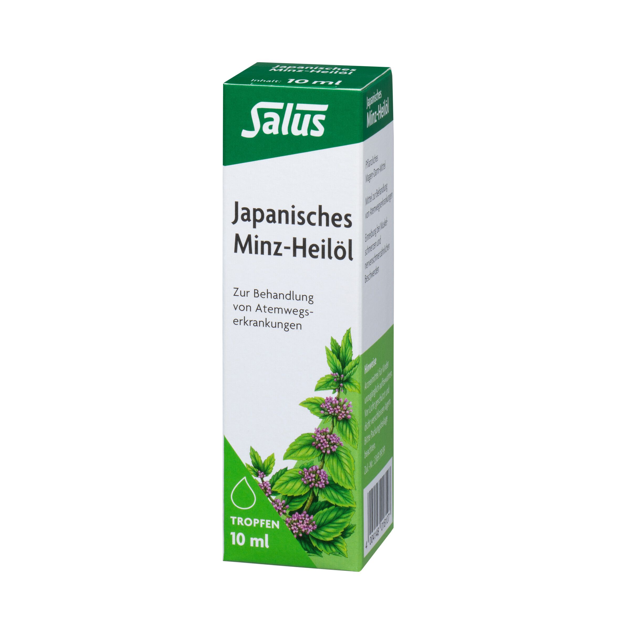 Salus® Japanisches Minz-Heilöl. Verpackung. 10 ml. Grün-weiße Verpackung mit Produktnamen und Minze-Illustration.