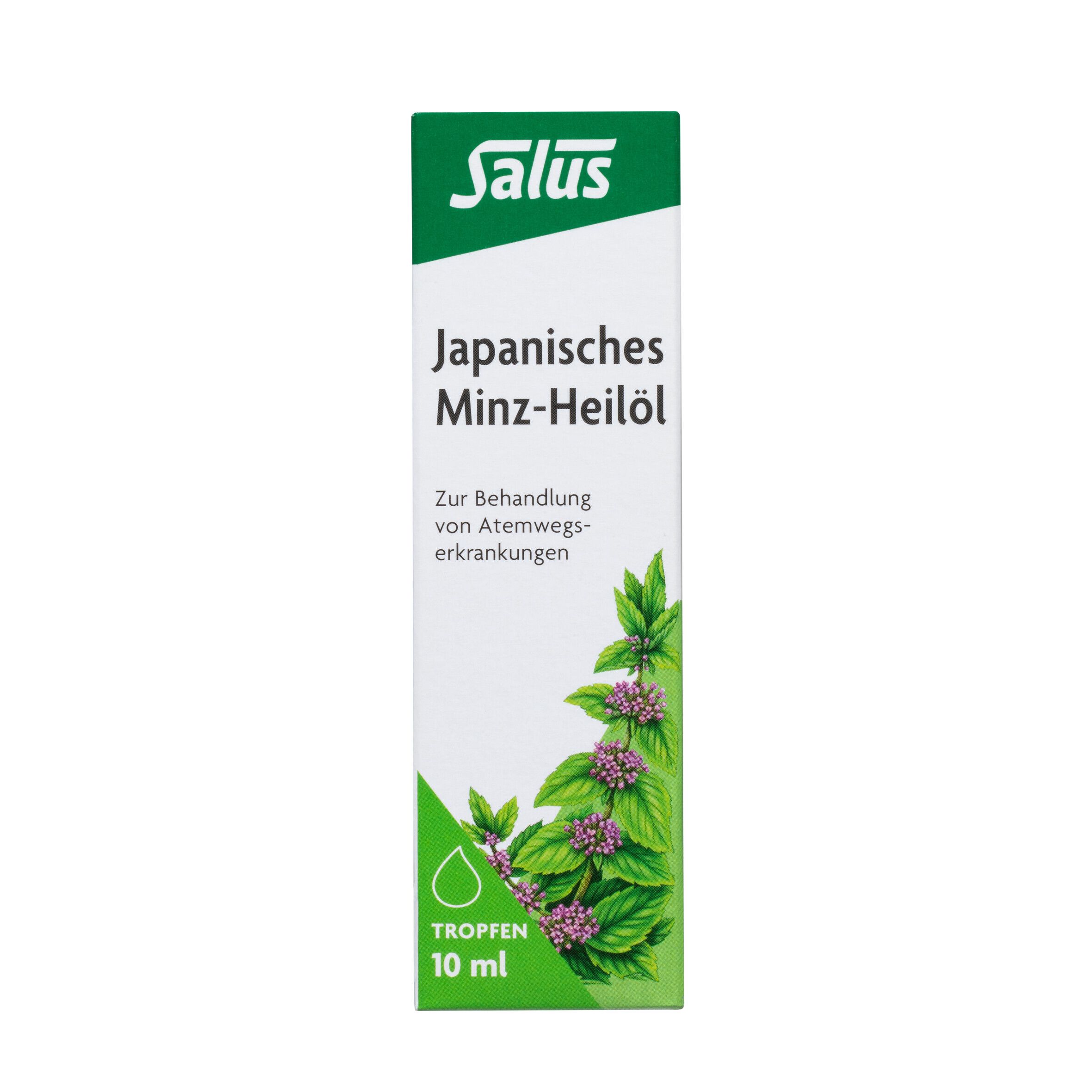 Salus® Japanisches Minz-Heilöl. Verpackung. 10 ml. Grün-weiße Verpackung mit Produktnamen und Minze-Illustration.