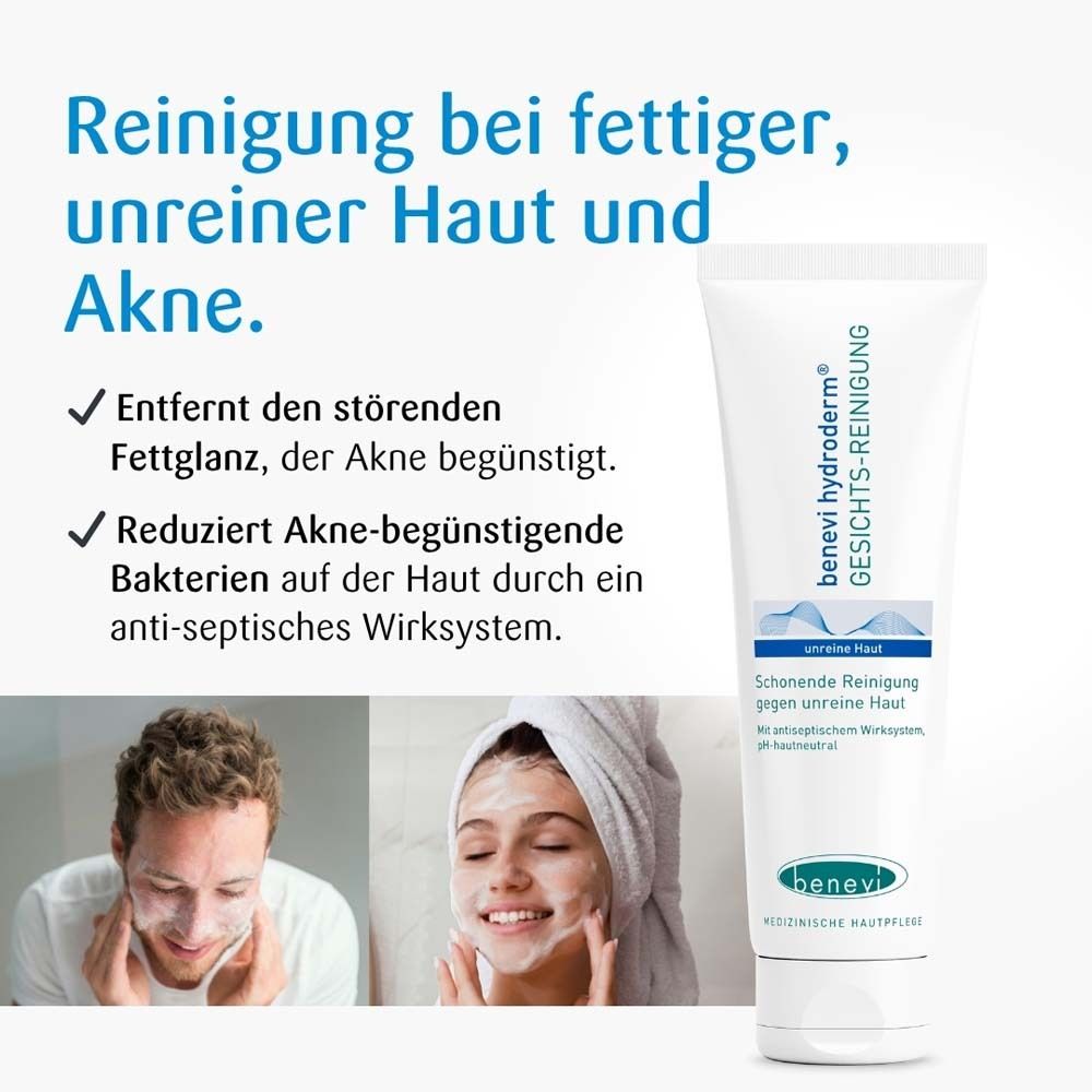 Werbebild mit benevi hydroderm Gesichts-Reinigung. Text: Reinigung bei fettiger, unreiner Haut und Akne. Zwei Personen wenden das Produkt an.