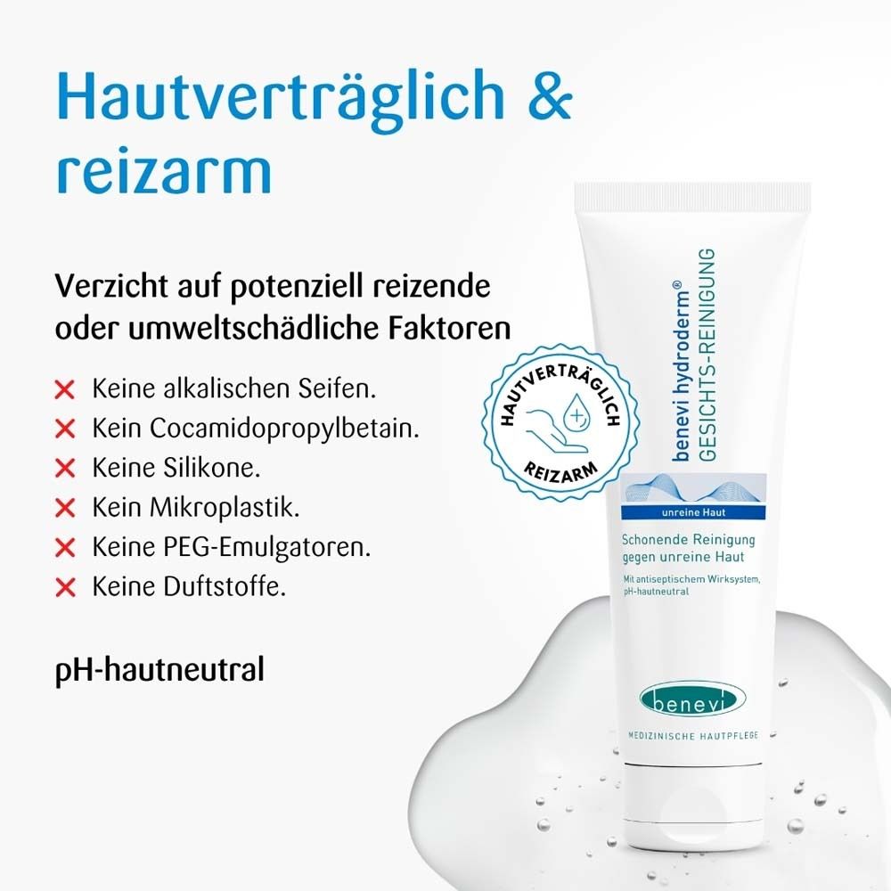 Werbebild mit benevi hydroderm Gesichts-Reinigung. Text: Hautverträglich & reizarm. Produkt und Illustrationen.