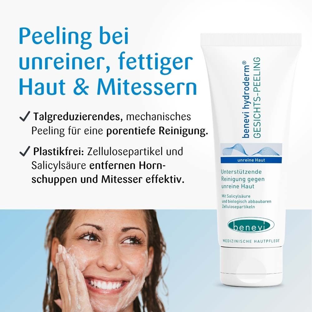 Produkt-Tube neben Text. Frau wäscht Gesicht. Text: Peeling bei unreiner, fettiger Haut & Mitessern.