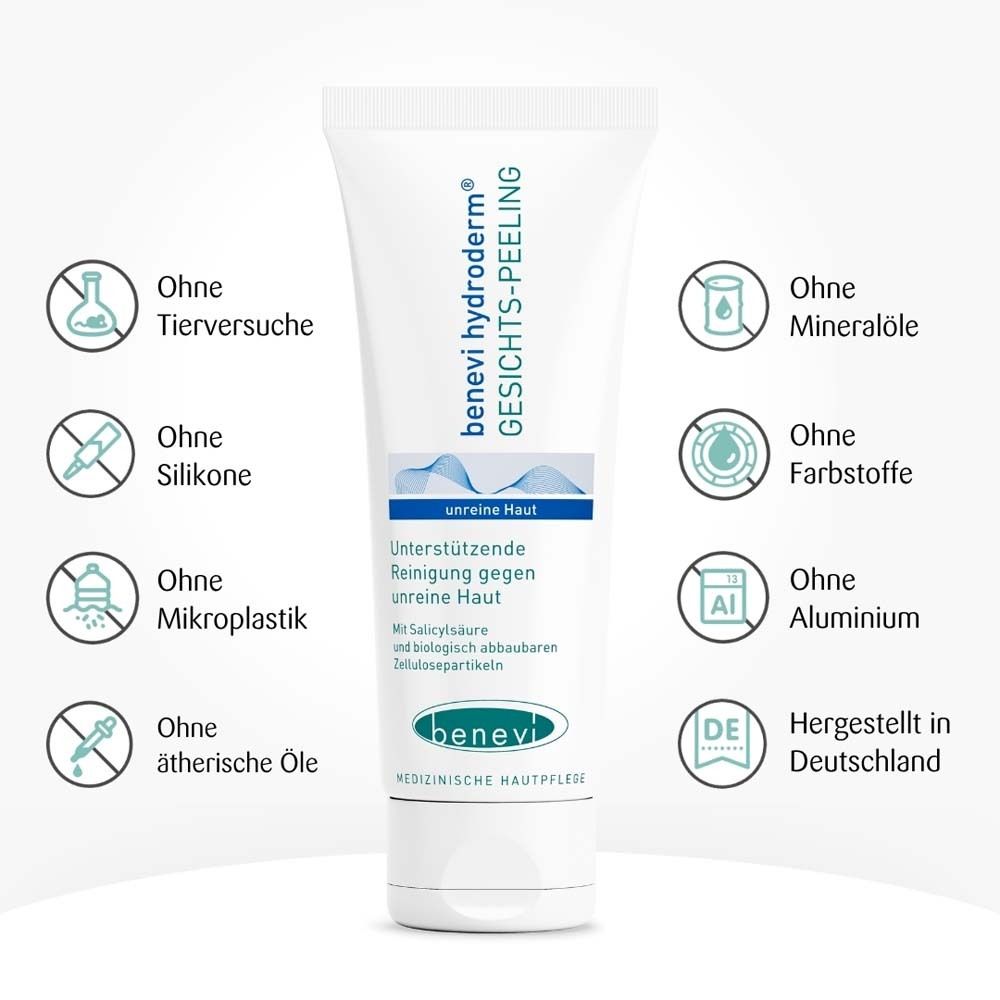 Produkt-Tube mit Symbolen. Ohne Tierversuche, Silikone, Mikroplastik, ätherische Öle, Mineralöle, Farbstoffe, Aluminium.