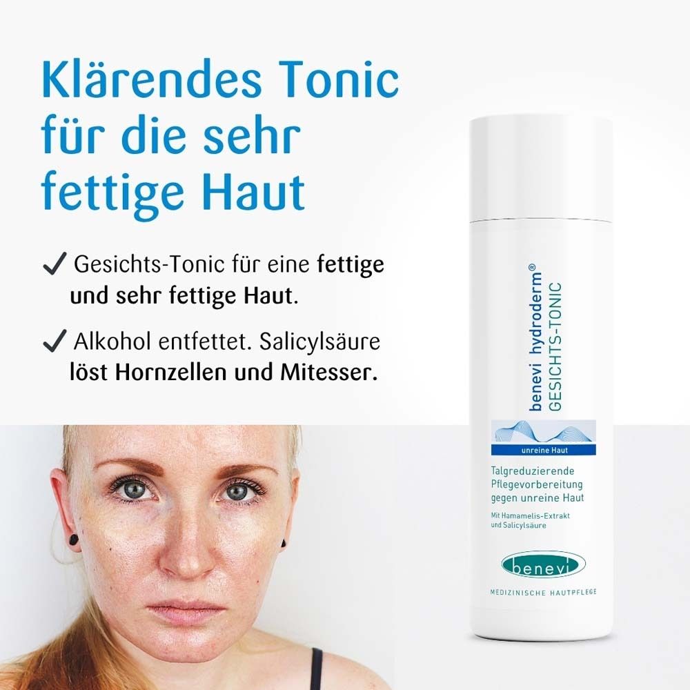 Frau mit unreiner Haut neben Gesichts-Tonic. Text: Klärendes Tonic für fettige Haut. benevi hydroderm GESICHTS-TONIC.