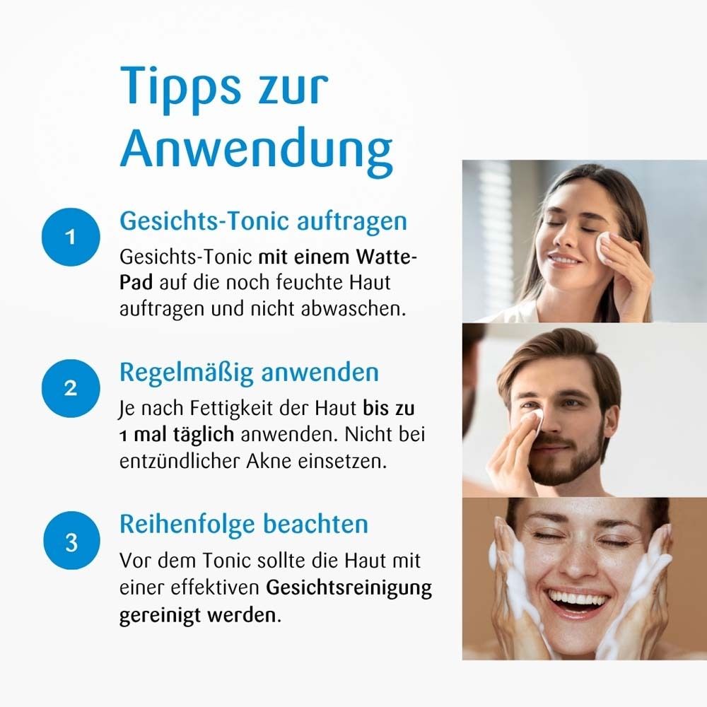 Anwendungshinweise. Bilder zeigen Anwendung mit Wattepad. Text: Gesichts-Tonic auftragen. Regelmäßig anwenden.