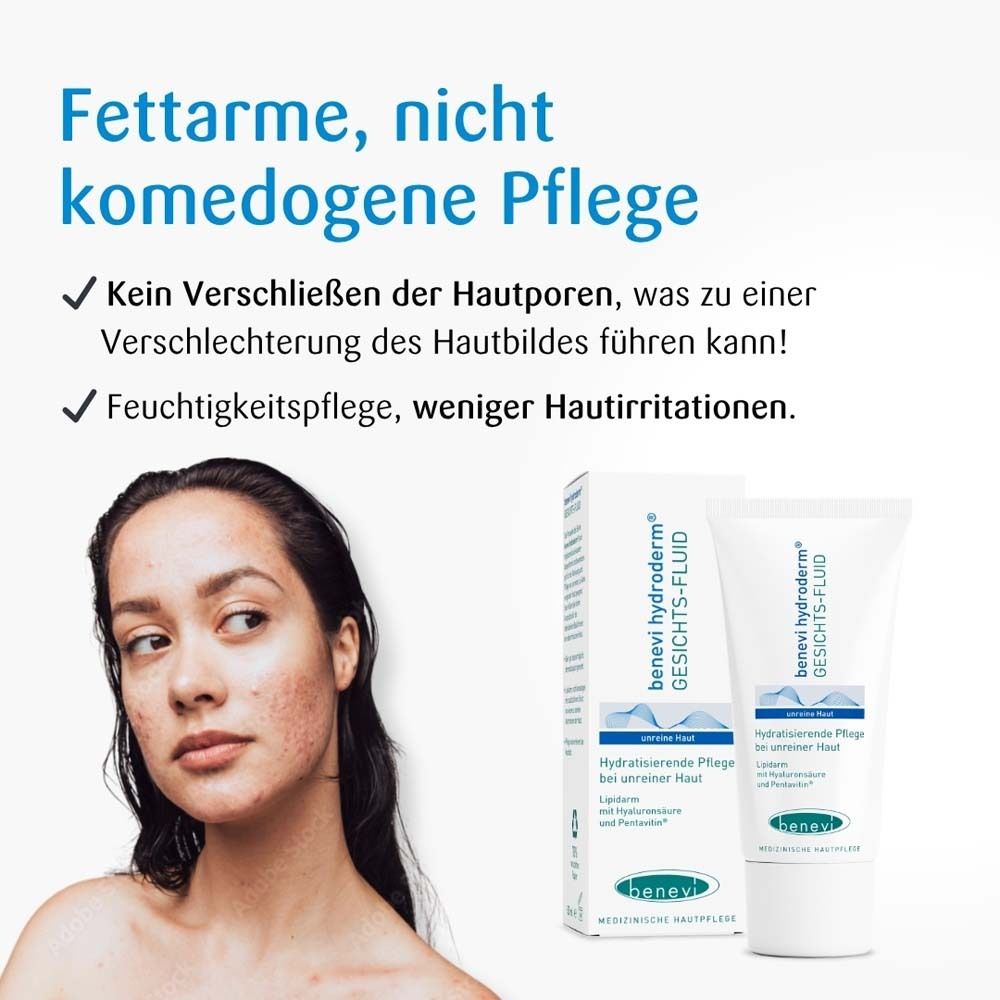 Frau mit Hautunreinheiten neben Text. Text: Fettarme, nicht komedogene Pflege. Feuchtigkeitspflege, weniger Hautreizungen.