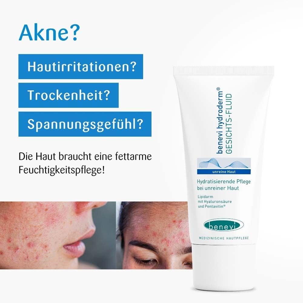 Produkt-Tube neben Text. Text: Akne? Hautreizungen? Trockenheit? Spannungsgefühl? Die Haut braucht eine fettarme Feuchtigkeitspflege!