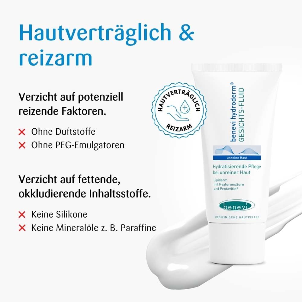 Produkt-Tube neben Text. Text: Hautverträglich & reizarm. Ohne Duftstoffe, ohne PEG-Emulgatoren. Ohne Silikone, Mineralöle.