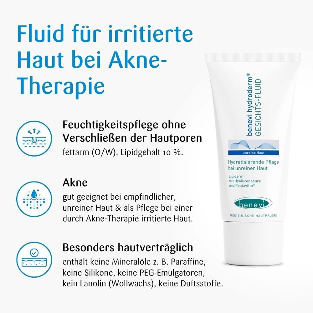 Produkt-Tube neben Text. Text: Fluid für irritierte Haut bei Akne-Therapie. Ohne Mineralöle, Silikone, PEG-Emulgatoren, Lanolin, Duftstoffe.