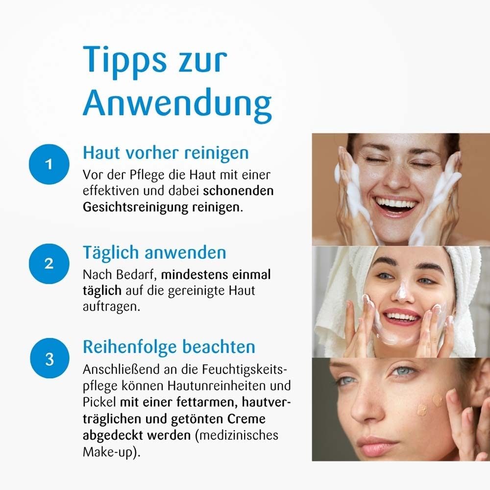 Drei Bilder zeigen Anwendungsschritte. Text: Haut reinigen, täglich anwenden, Reihenfolge beachten. Medizinische Make-up.