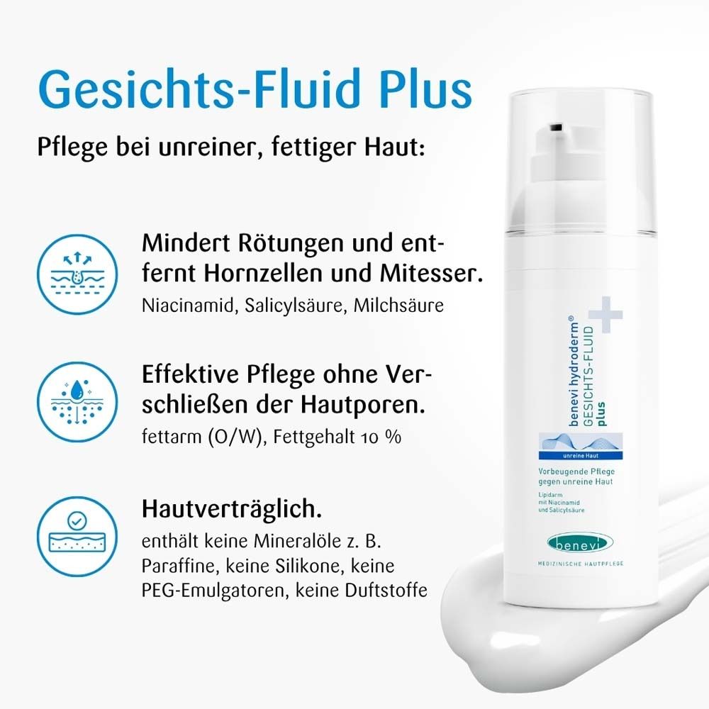 benevi hydroderm Gesichts-Fluid plus. Text: Pflege bei unreiner, fettiger Haut. Inhaltsstoffe und Vorteile.
