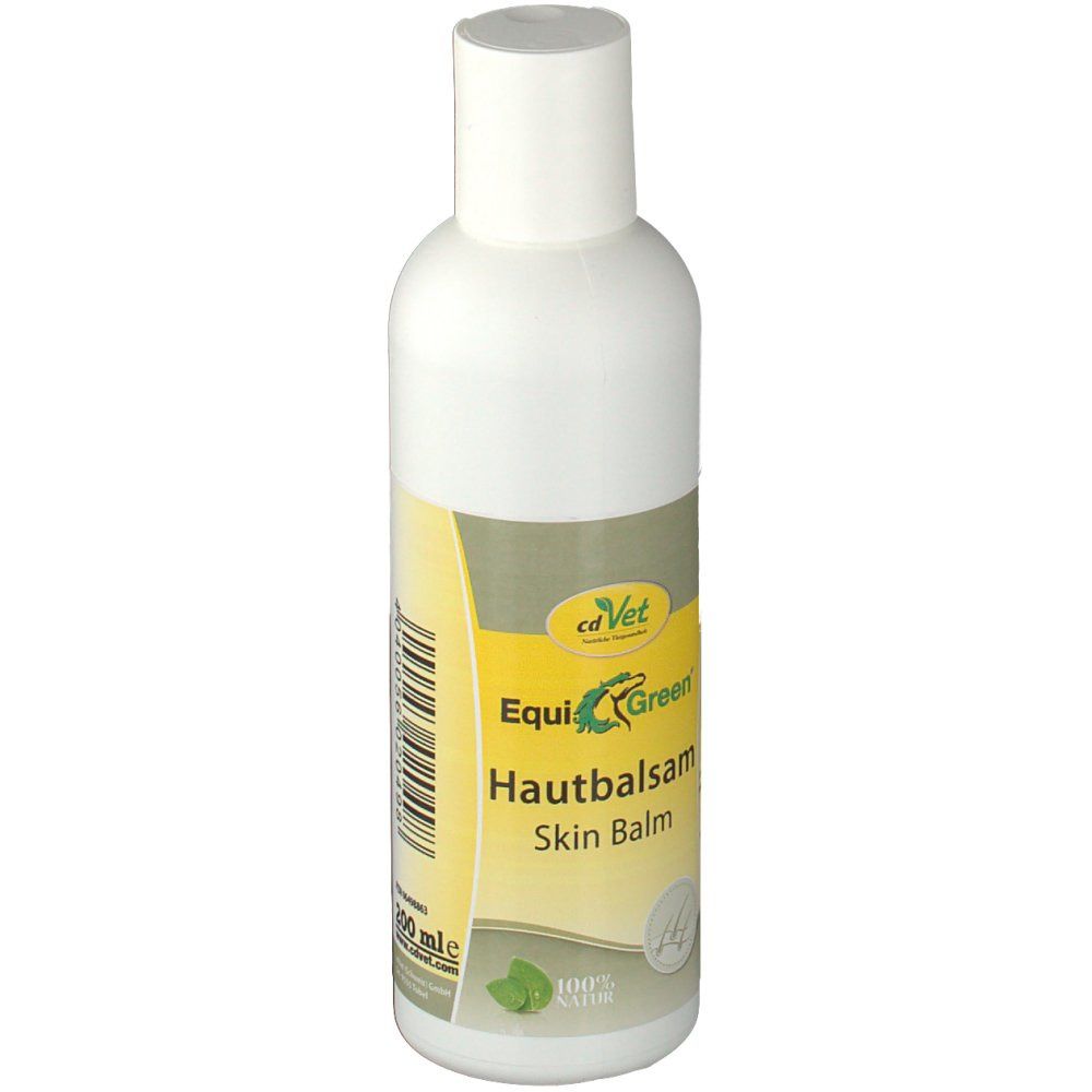 Weiße Flasche mit gelb-grünem Etikett. Aufschrift: EquiGreen Hautbalsam, Skin Balm. Logo: cdVet. Mit 200 ml.