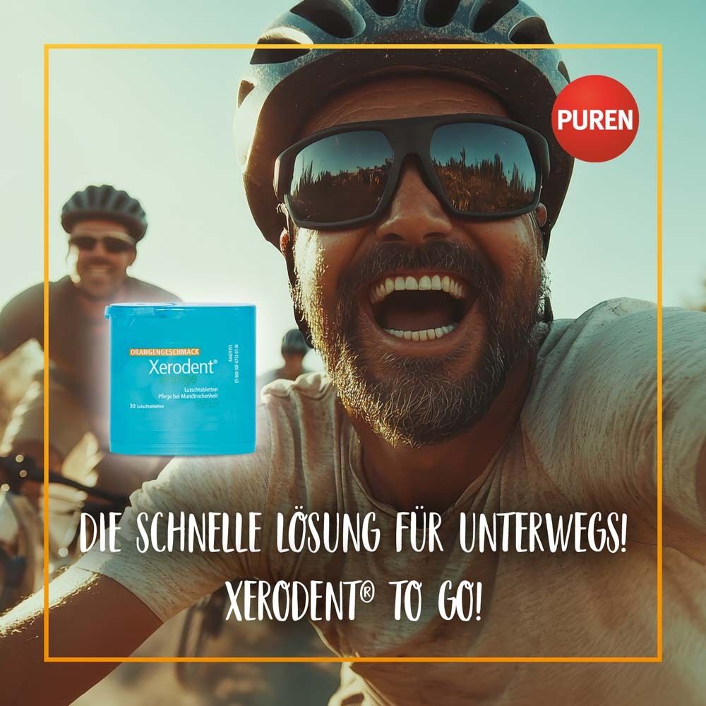 Mann mit Sonnenbrille und Helm lacht. Xerodent To Go Packung. Text: Die schnelle Lösung für unterwegs!