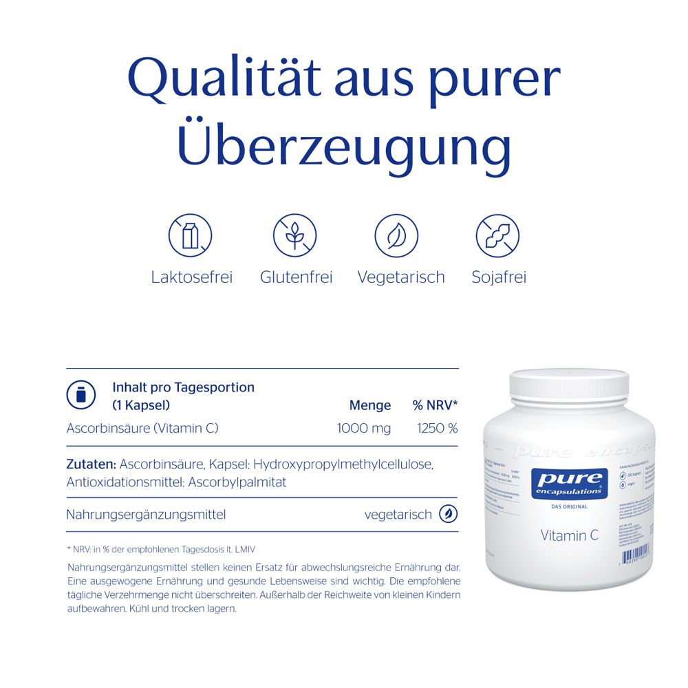 Text mit Überschrift: Qualität aus purer Überzeugung. Symbole: laktosefrei, glutenfrei, vegetarisch, sojafrei. Flasche: pure encapsulations.