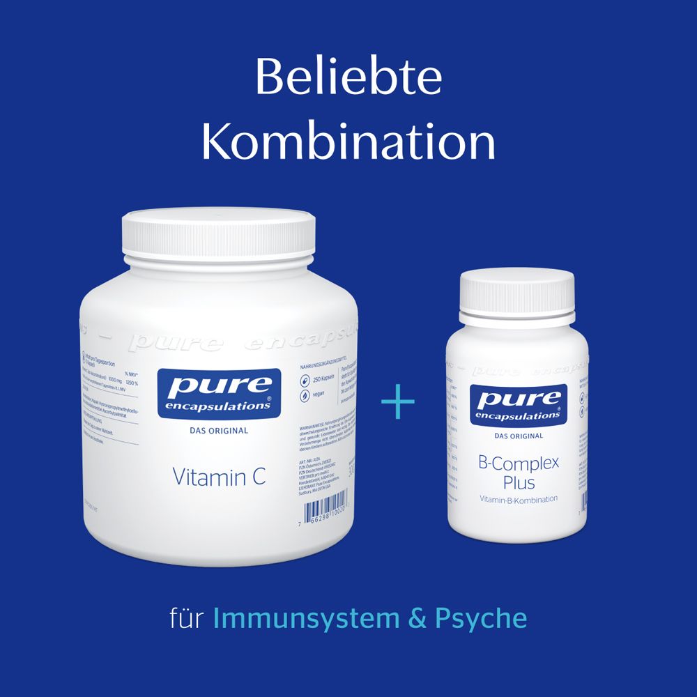 Zwei Flaschen: Vitamin C und B-Complex Plus. Text: Beliebte Kombination, für Immunsystem & Psyche. Logo: pure encapsulations.