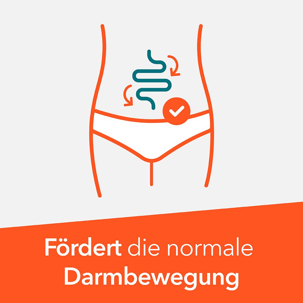 Illustration des Darms mit Pfeilen und Häkchen. Text: Fördert die normale Darmbewegung.