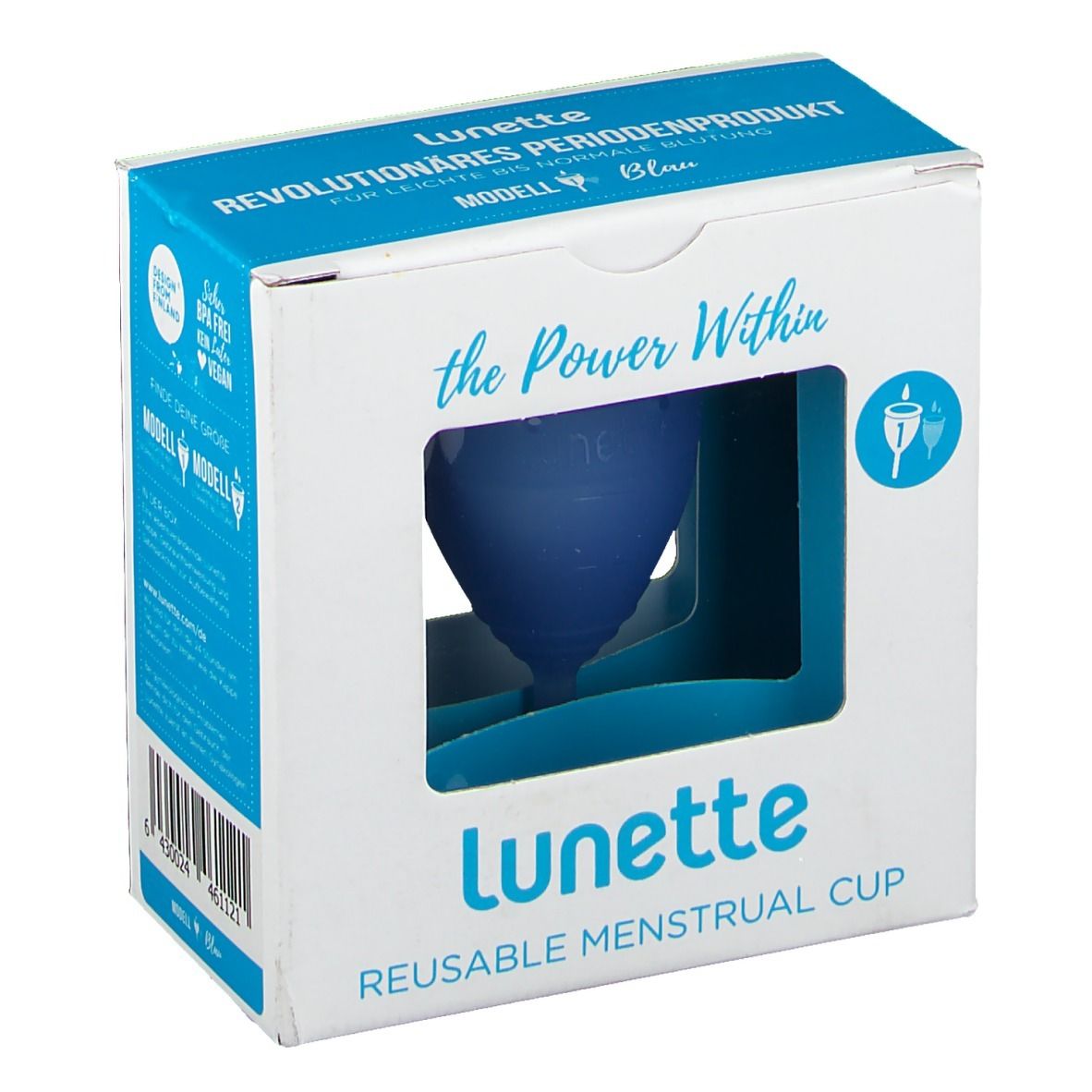 Verpackung der Menstruationstasse Lunette. Blaue Tasse im Fenster. Text: Lunette, wiederverwendbare Menstruationstasse.