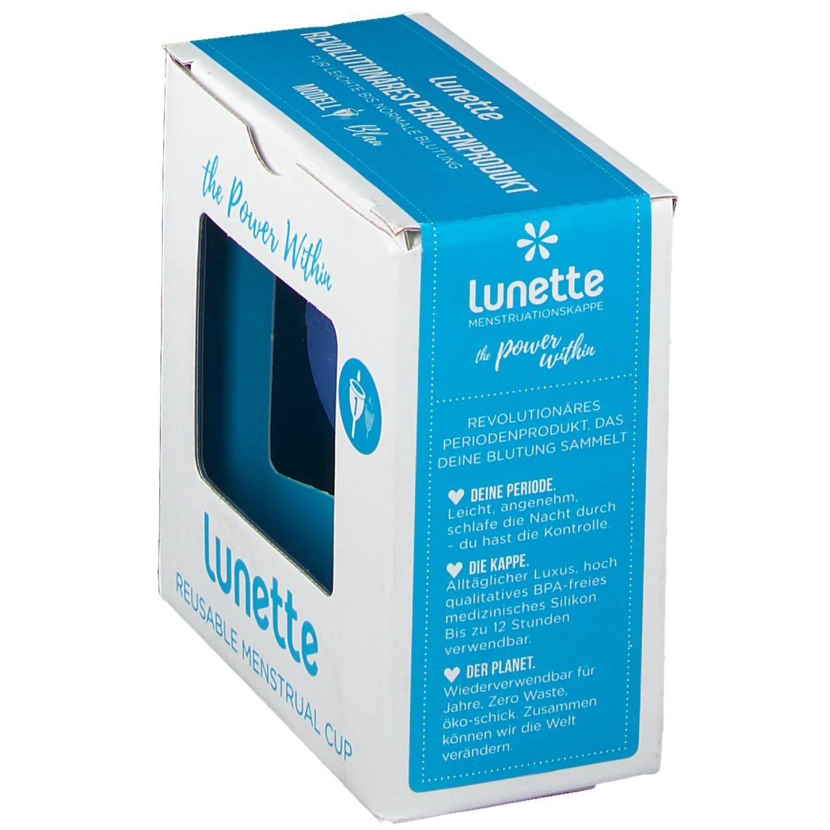 Verpackung der Menstruationstasse Lunette. Blaue Tasse im Fenster. Text: Lunette, wiederverwendbare Menstruationstasse. Details.