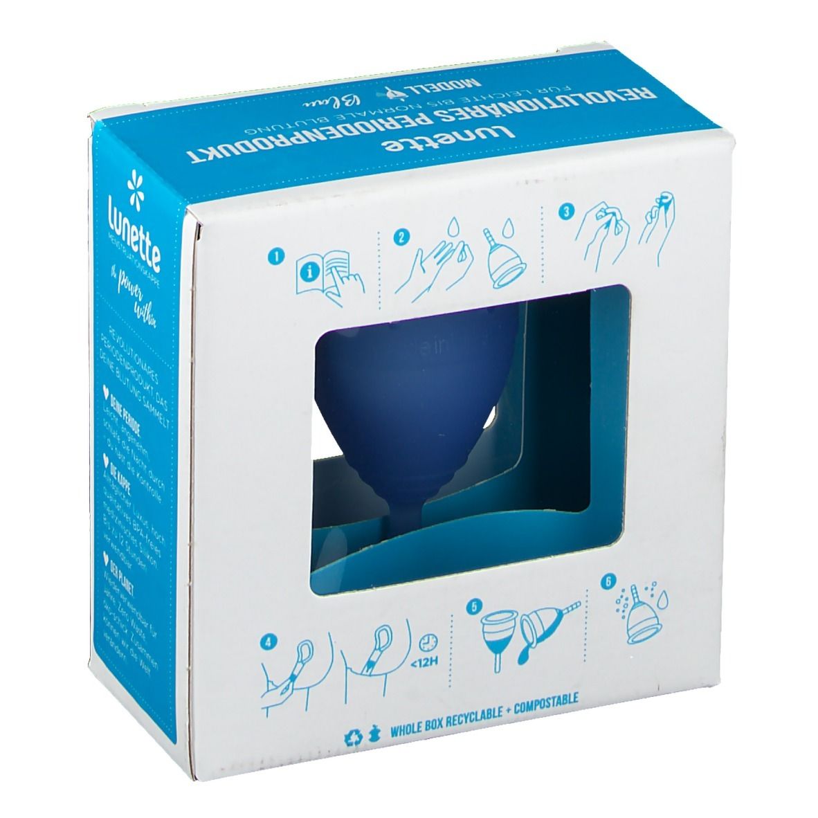 Verpackung der Menstruationstasse Lunette. Blaue Tasse im Fenster. Text: Lunette, wiederverwendbare Menstruationstasse. Illustrationen.
