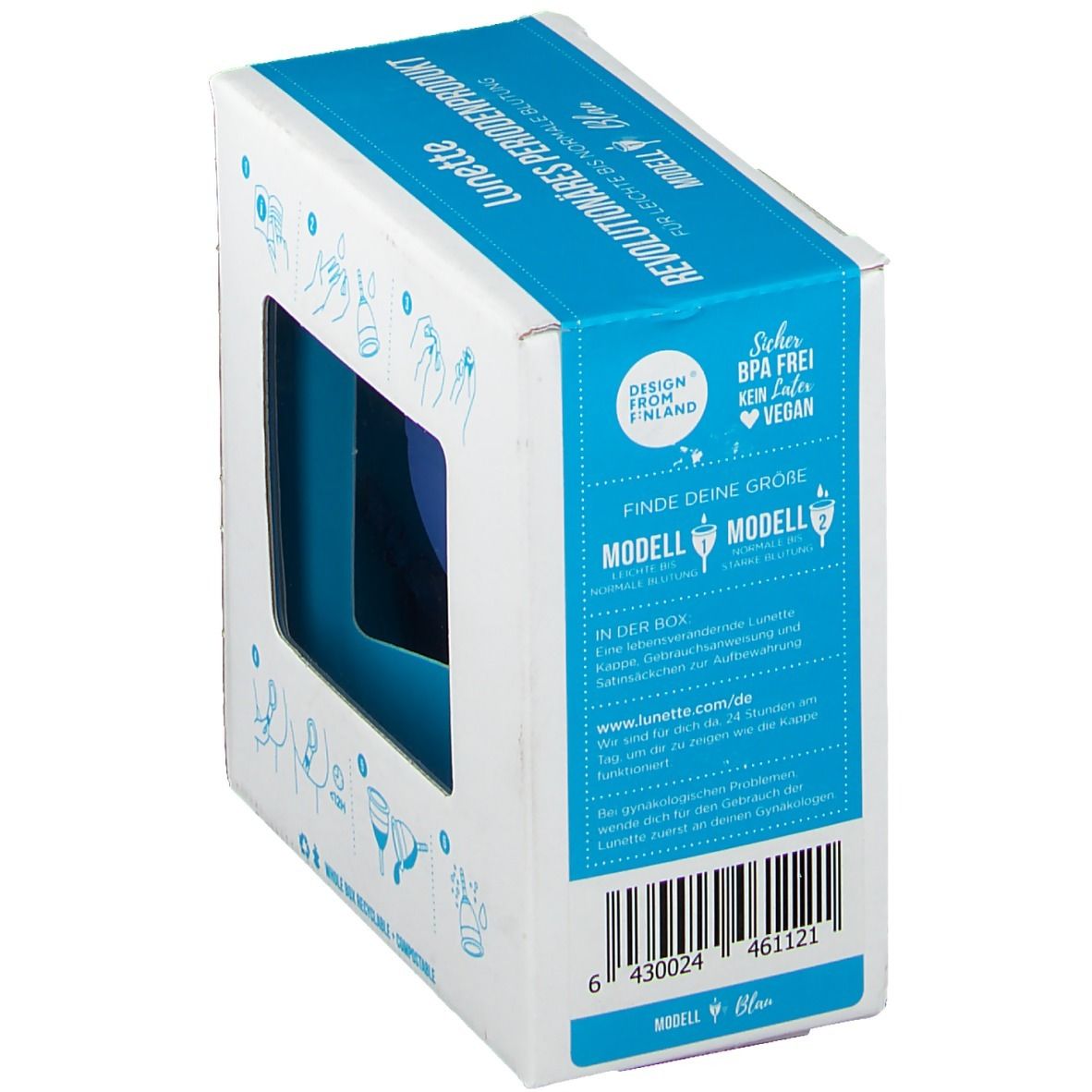 Verpackung der Menstruationstasse Lunette. Blaue Tasse im Fenster. Text: Lunette, wiederverwendbare Menstruationstasse. Details.