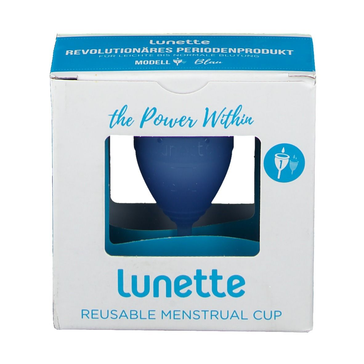 Verpackung der Menstruationstasse Lunette. Blaue Tasse im Fenster. Text: Lunette, wiederverwendbare Menstruationstasse.