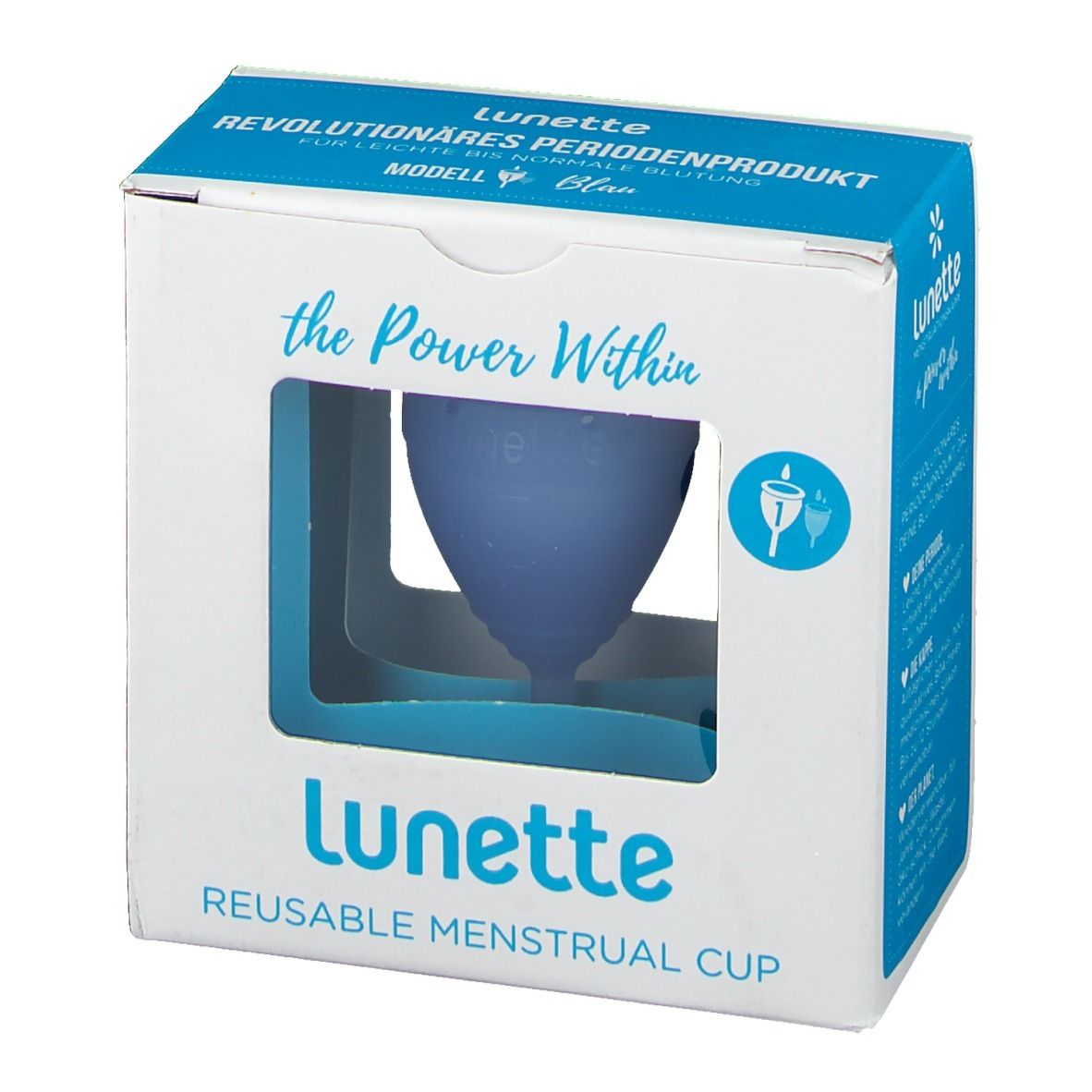 Verpackung der Menstruationstasse Lunette. Blaue Tasse im Fenster. Text: Lunette, wiederverwendbare Menstruationstasse.