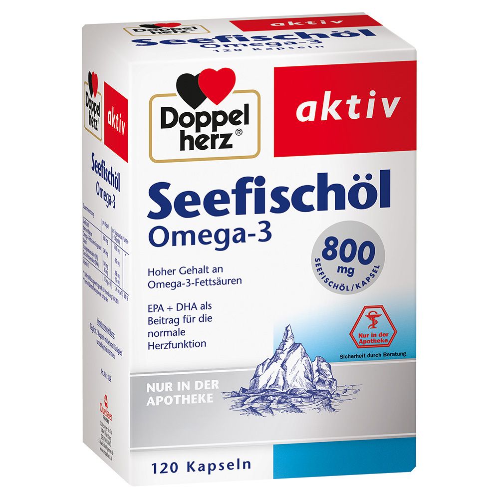 Weißer Karton mit Doppelherz aktiv Seefischöl Omega-3. Rote Akzente, 120 Kapseln, 800 mg. Aufdruck: Nur in der Apotheke.