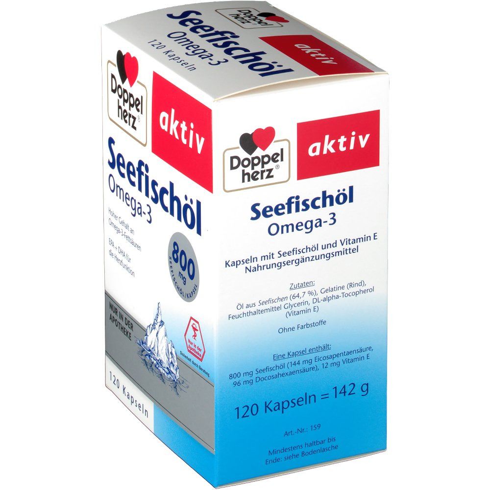 Karton Doppelherz aktiv Seefischöl Omega-3. 120 Kapseln, 800 mg. Inhaltsstoffe und Nährwertangaben. Blaue Wellen-Grafik.
