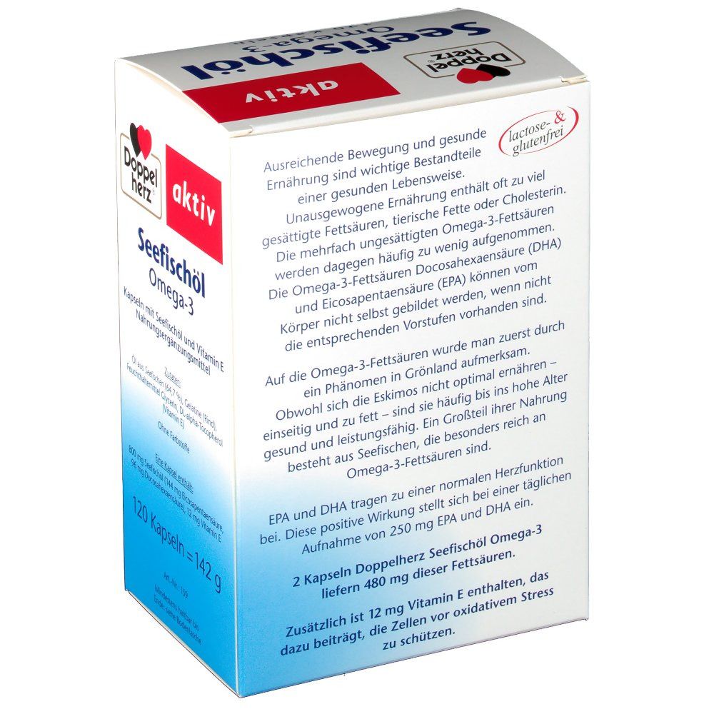 Rückseite der Verpackung von Doppelherz aktiv Seefischöl Omega-3. Text über Omega-3-Fettsäuren und Herzfunktion. Lactose- und glutenfrei.