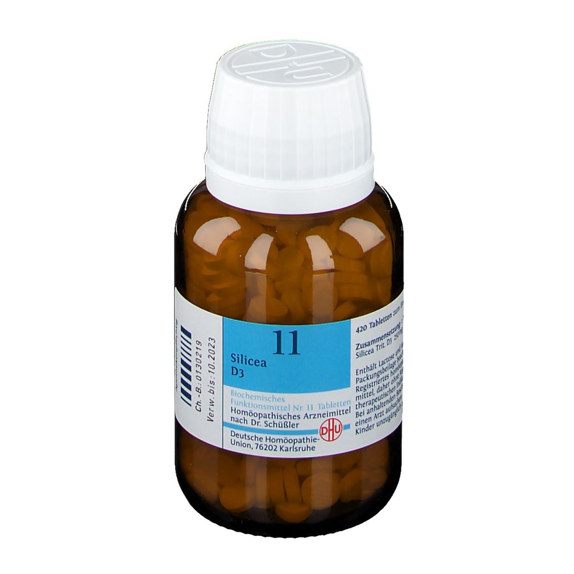 Braune Glasflasche mit weißen Deckel. Etikett mit Produktinformationen: Silicea D3, 11. Enthält Tabletten.