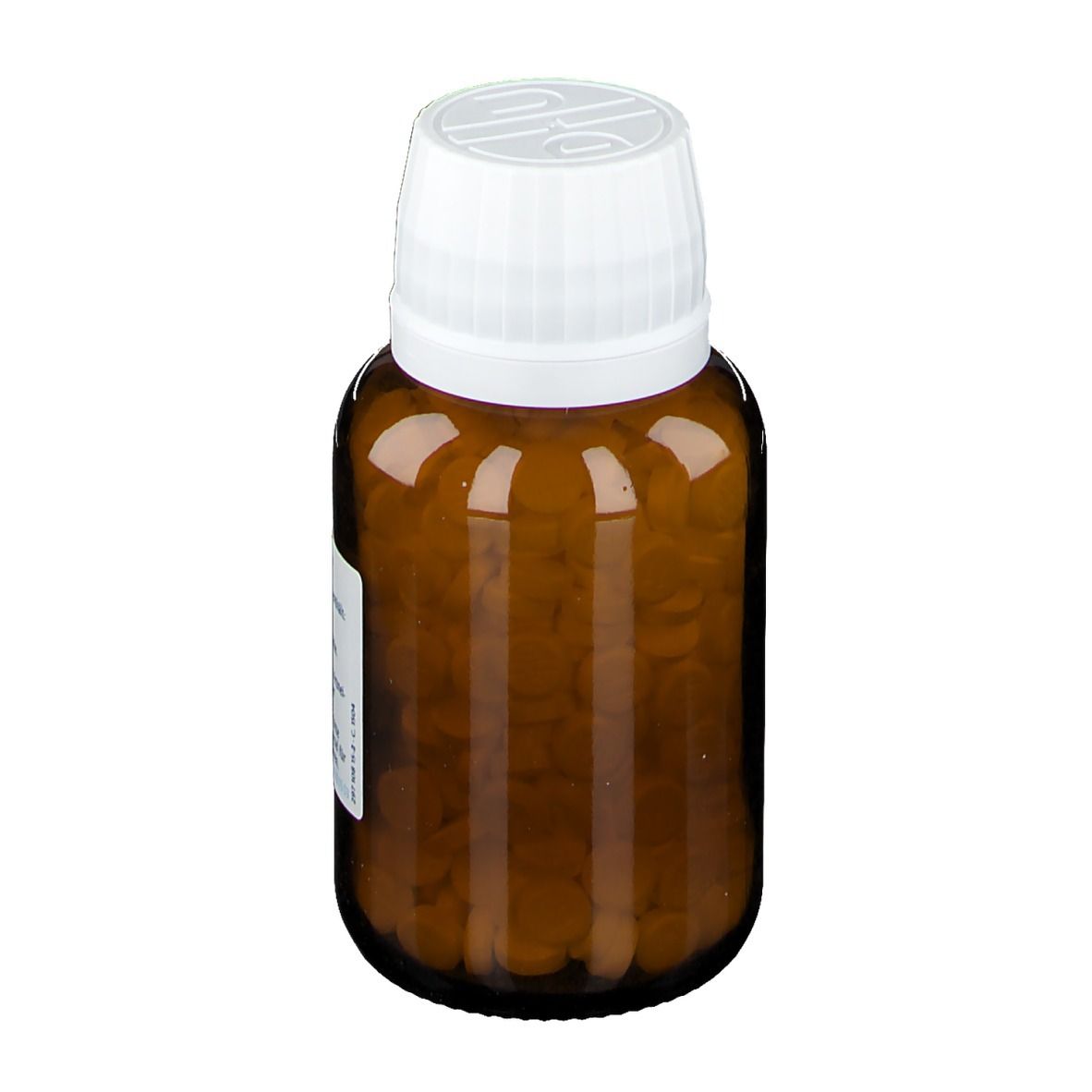 Braune Glasflasche mit weißem Deckel. Enthält Tabletten. Produktetikett nicht vollständig sichtbar.