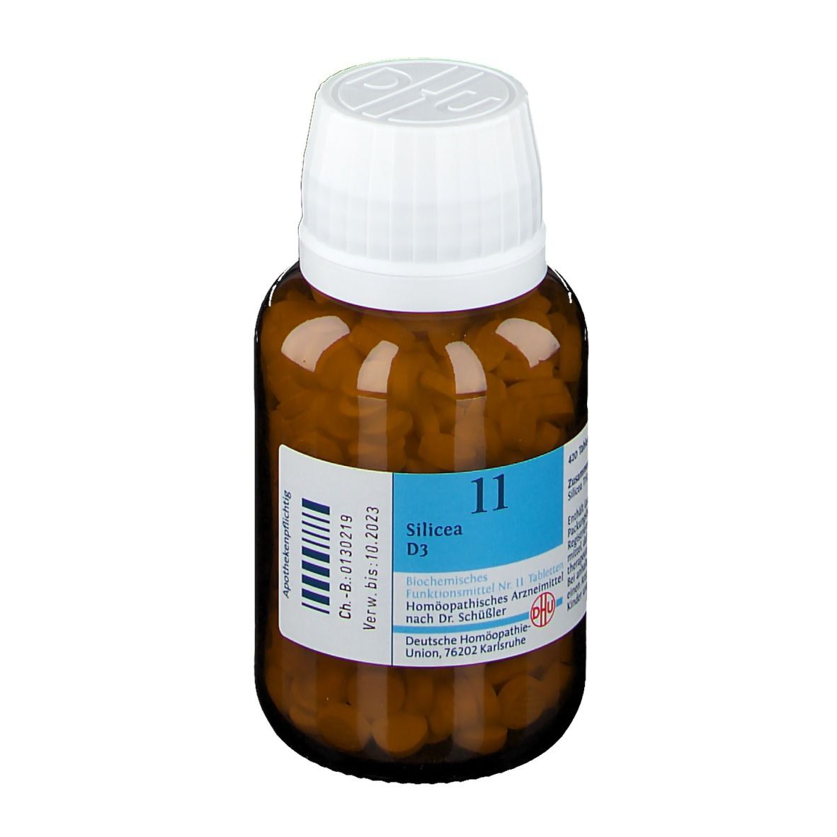 Braune Glasflasche mit weißem Deckel. Etikett mit Produktinformationen: Silicea D3, 11. Apothekenpflichtig.