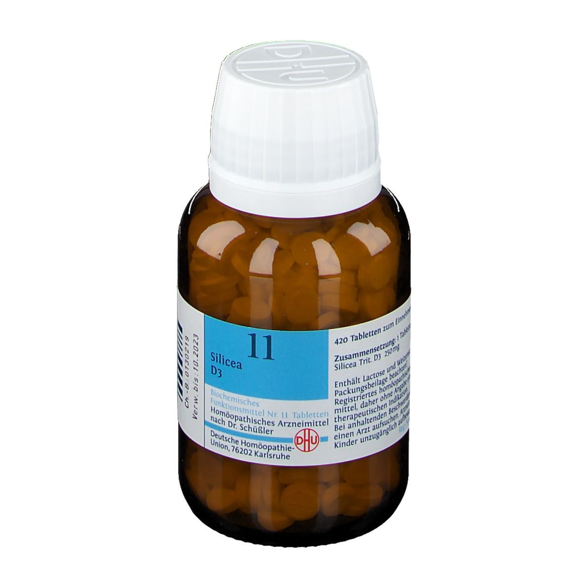 Braune Glasflasche mit weißem Deckel. Etikett mit Produktinformationen: Silicea D3, 11. Enthält Tabletten.