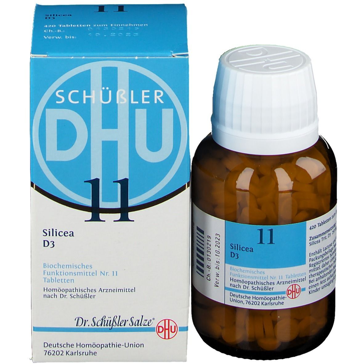 Produktverpackung und Flasche. Blaue Schachtel und braune Glasflasche mit weißem Deckel. Enthält Tabletten.