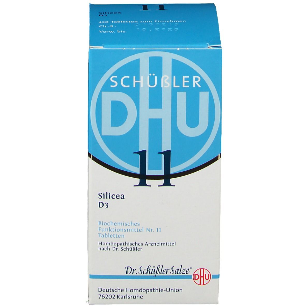 Blaue Produktverpackung. Enthält Produktinformationen: DHU, 11 Silicea D3 Tabletten. Apothekenpflichtig.