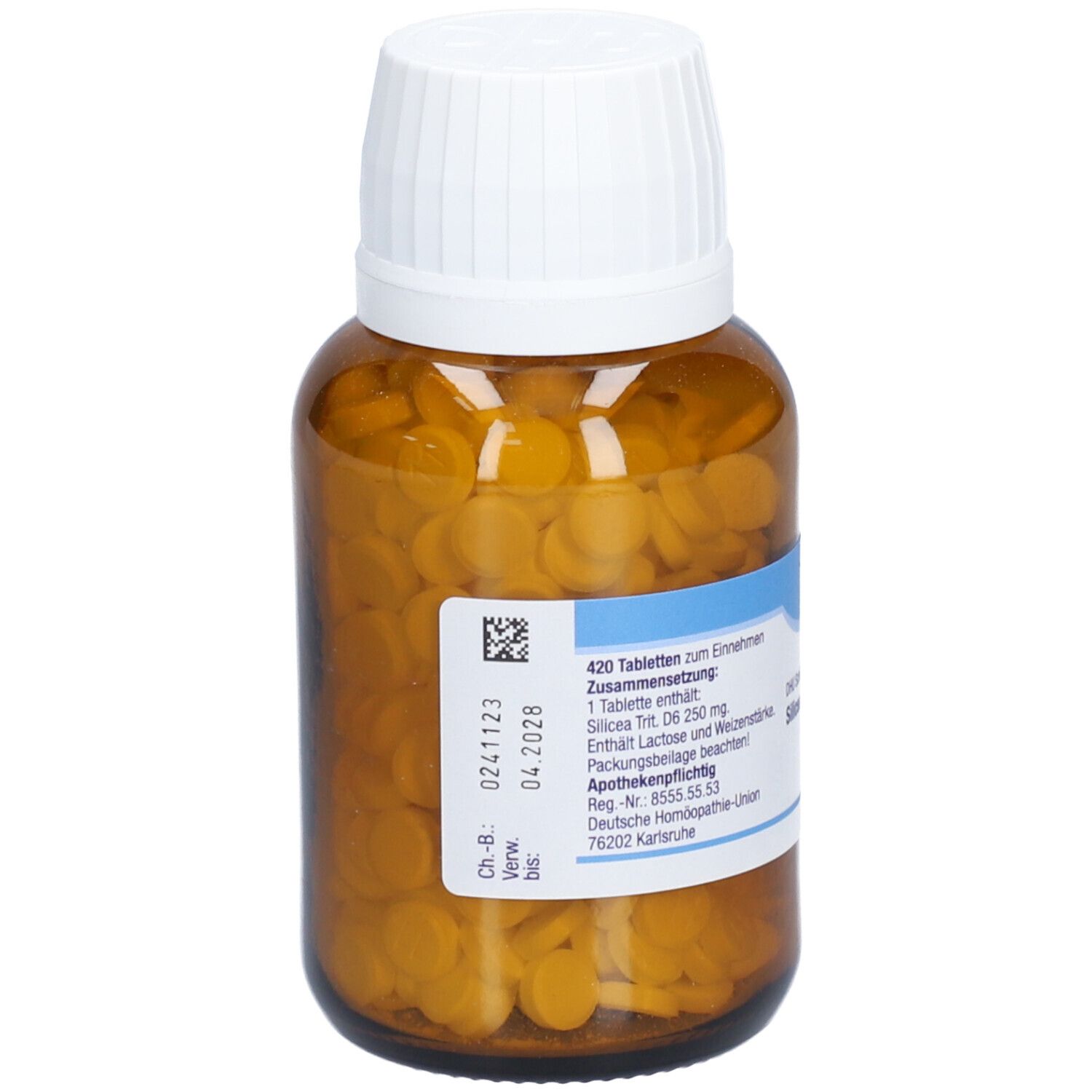 Braune Glasflasche mit Tabletten. Etikett mit Informationen: 420 Tabletten, Zusammensetzung, Verfallsdatum. Weißer Deckel.