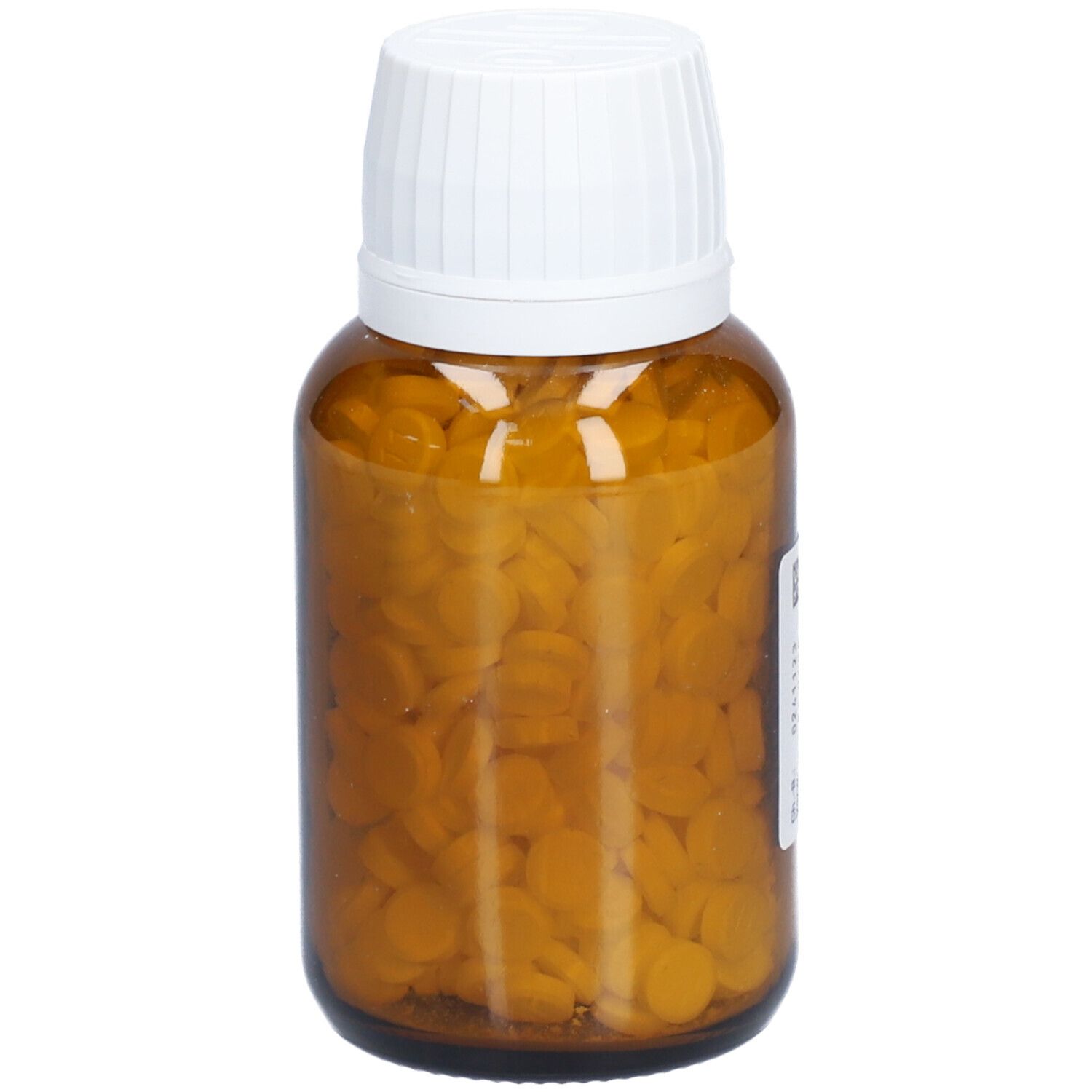 Braune Glasflasche mit Tabletten. Weißer Deckel. Keine weiteren Details auf dem Etikett sichtbar.