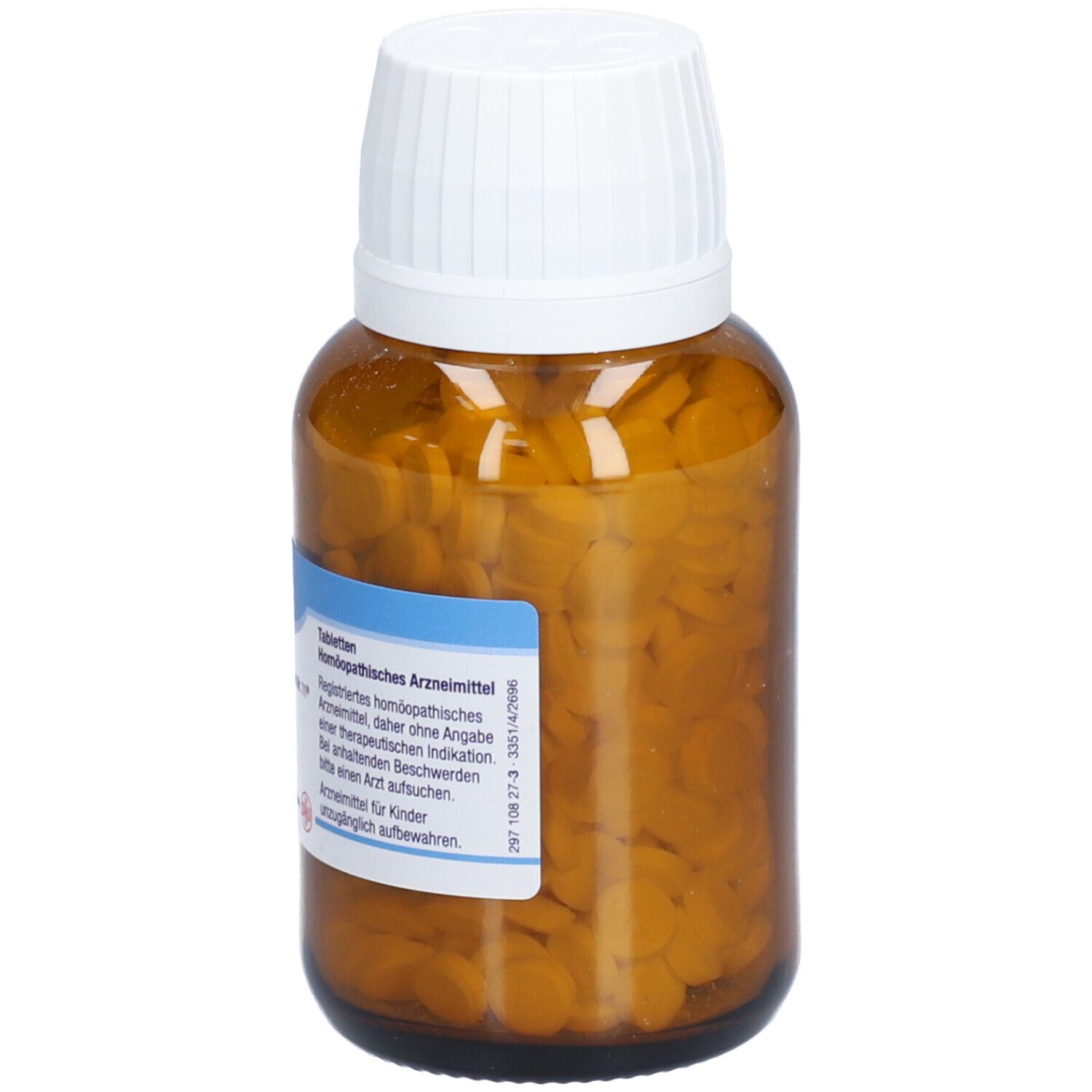 Braune Glasflasche mit Tabletten. Weißer Deckel. Etikett mit Text: Homöopathisches Arzneimittel. Registriertes homöopathisches Arzneimittel.