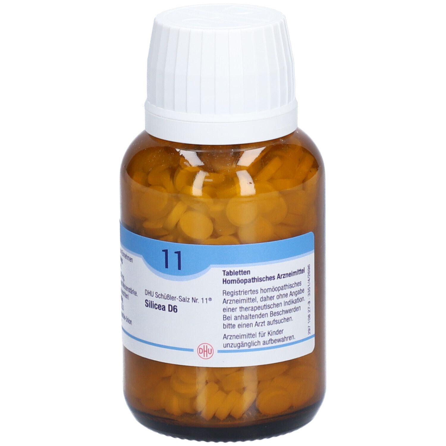 Braune Glasflasche mit Tabletten. Weißer Deckel. Etikett mit blauer Schrift: DHU Schüßler-Salz Nr. 11 Silicea D6.