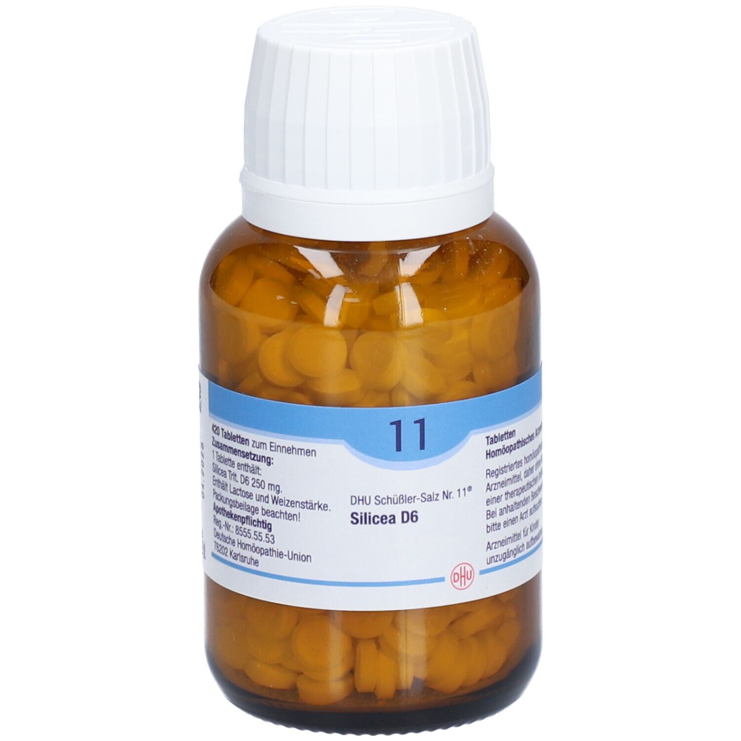 Braune Glasflasche mit Tabletten. Weißer Deckel. Etikett mit Text: 420 Tabletten, DHU Schüßler-Salz Nr. 11 Silicea D6.