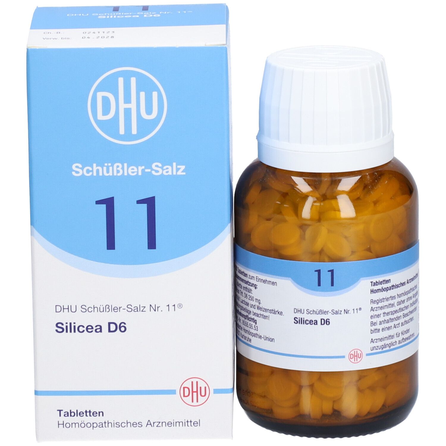 Braune Glasflasche und Schachtel. Schachtel mit blauer Schrift: DHU Schüßler-Salz Nr. 11 Silicea D6. Flasche daneben.