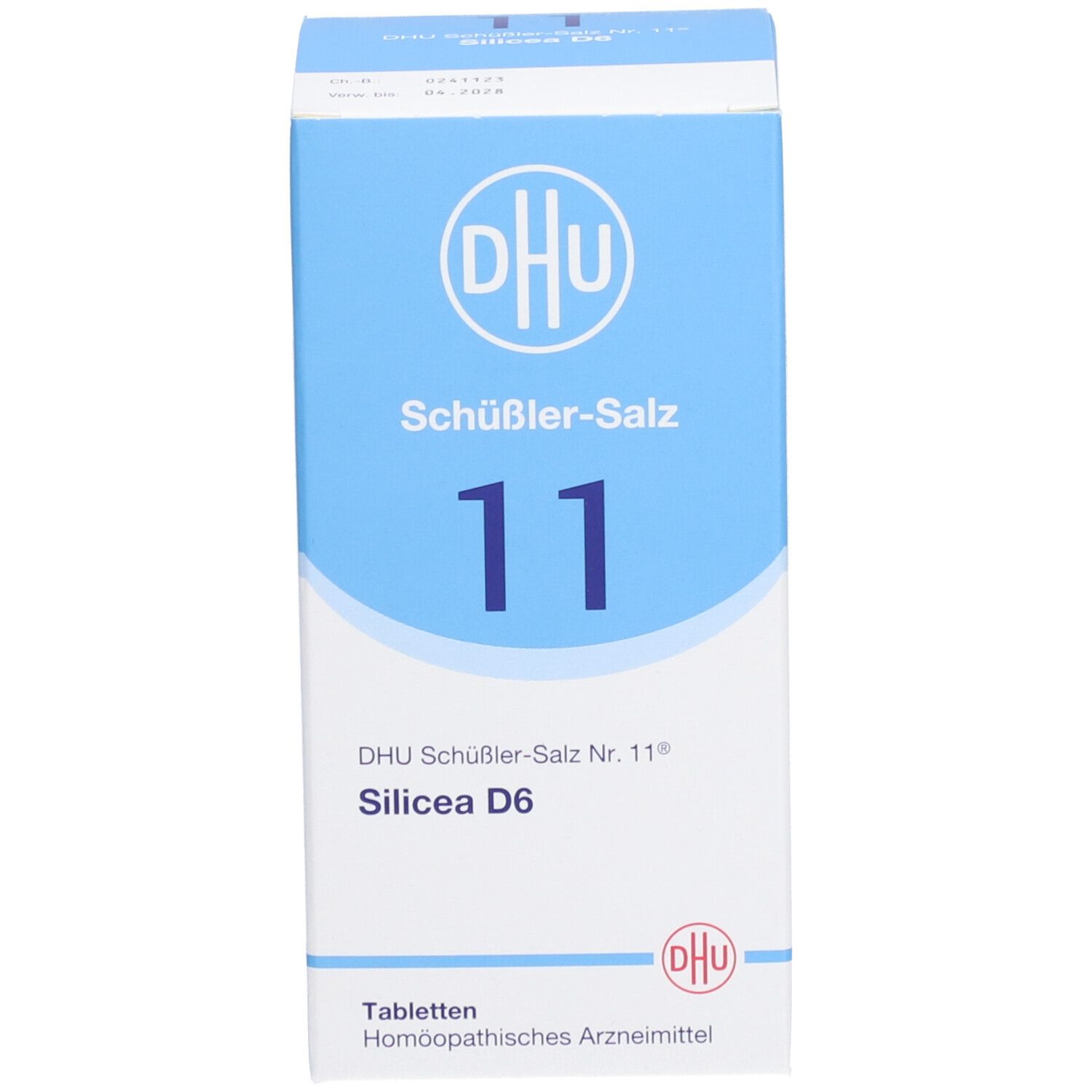 Blaue Schachtel mit weißer Schrift: DHU Schüßler-Salz Nr. 11 Silicea D6. Tabletten, homöopathisches Arzneimittel.