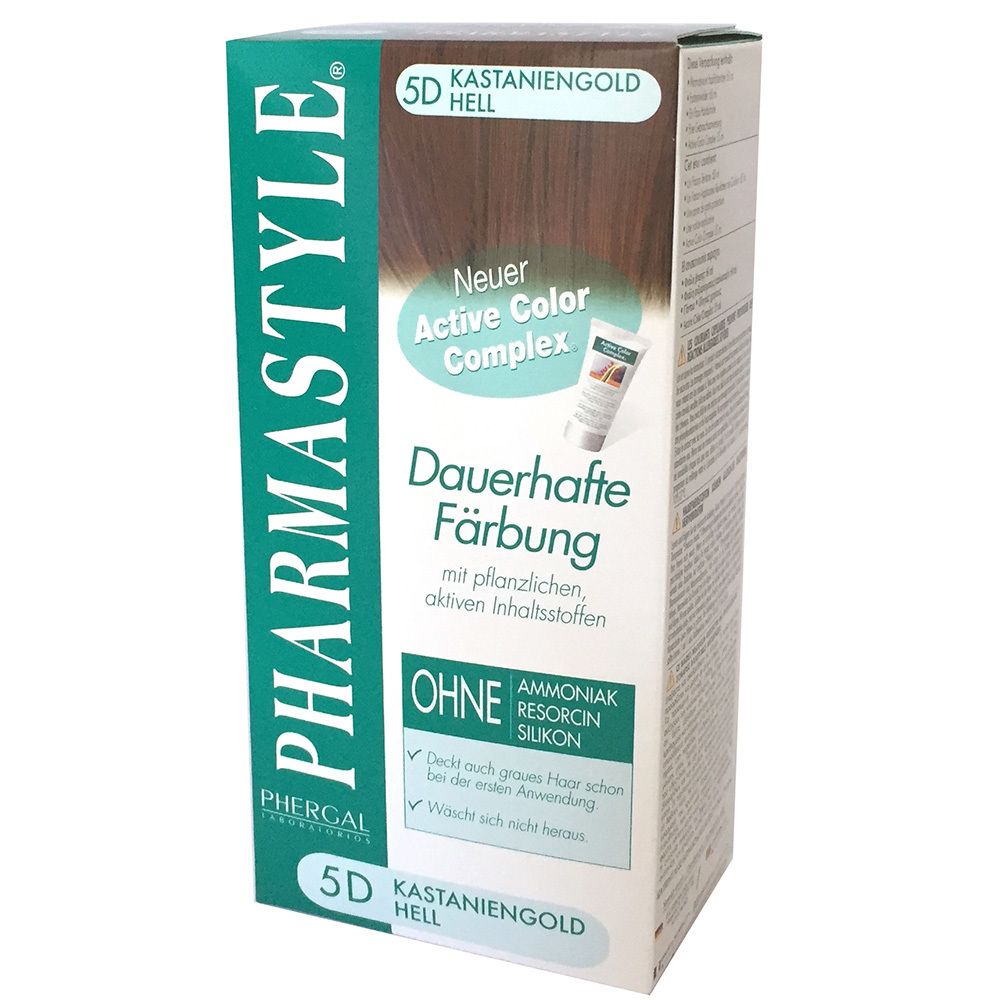 Verpackung von PHARMASTYLE® 5D Kastaniengold Hell. Aufschrift: Dauerhafte Färbung, ohne Ammoniak, Resorcin, Silikon. Grün-weiße Schachtel.