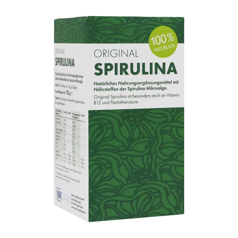 Grüne Schachtel mit "ORIGINAL SPIRULINA" und "100% natürlich" Aufdruck. Text in Deutsch.