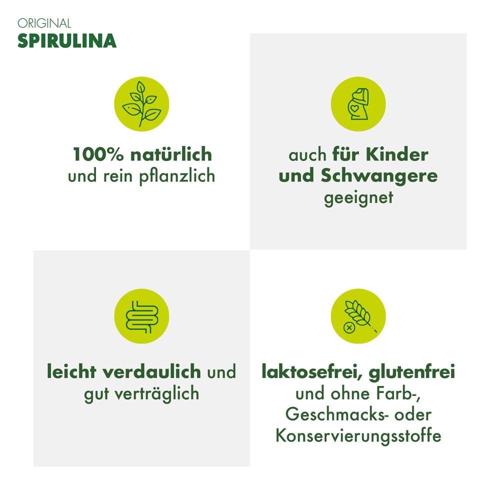 Vier Icons mit Text: 100% natürlich, für Kinder und Schwangere, leicht verdaulich, laktosefrei.