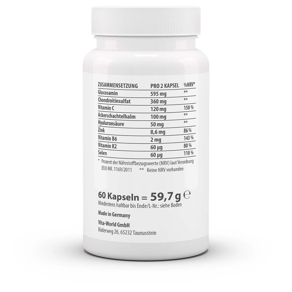 Rückseite der Flasche. Enthält Nährwertangaben und Inhaltsstoffe. 60 Kapseln = 59,7 g.