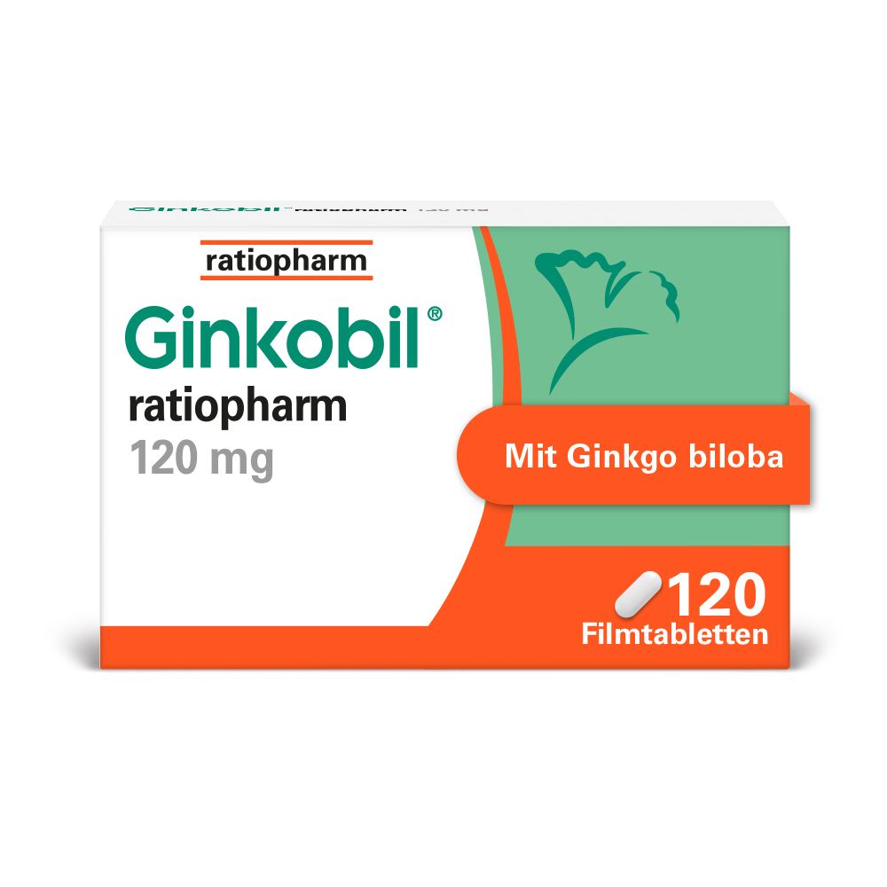 Ginkobil ratiopharm 120 mg, Packung. Weiße Schachtel mit Produktinformationen und Ginkgo-Blatt-Logo.