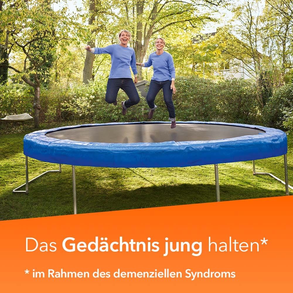 Zwei Frauen springen auf einem Trampolin. Text: 'Das Gedächtnis jung halten'.